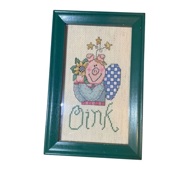 Handmade Cross Stitch Angel Pig Framed Country Farmhouse Cottage - Picture 1 of 3